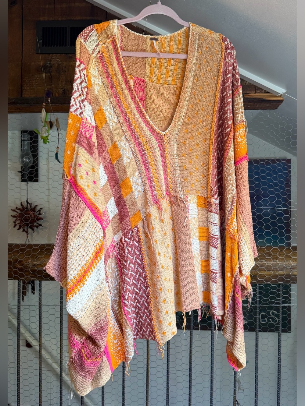 Free People Boho Fringe Peach, Pink & Mustard Patchwork V-Neck Sweater Poncho